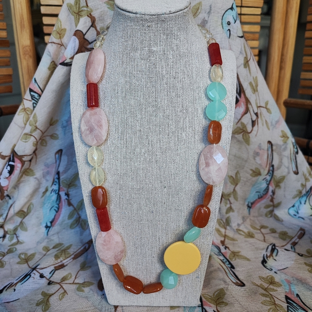 Stone Necklace Rose Quartz? Spring Jewelry Butter Lucite Carnelian? Gold Tone